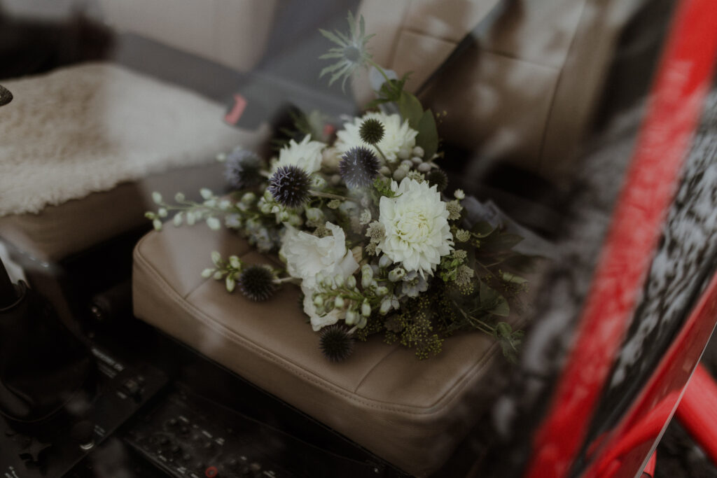 Wedding bouquet details shot on matanuska glacier in alaska