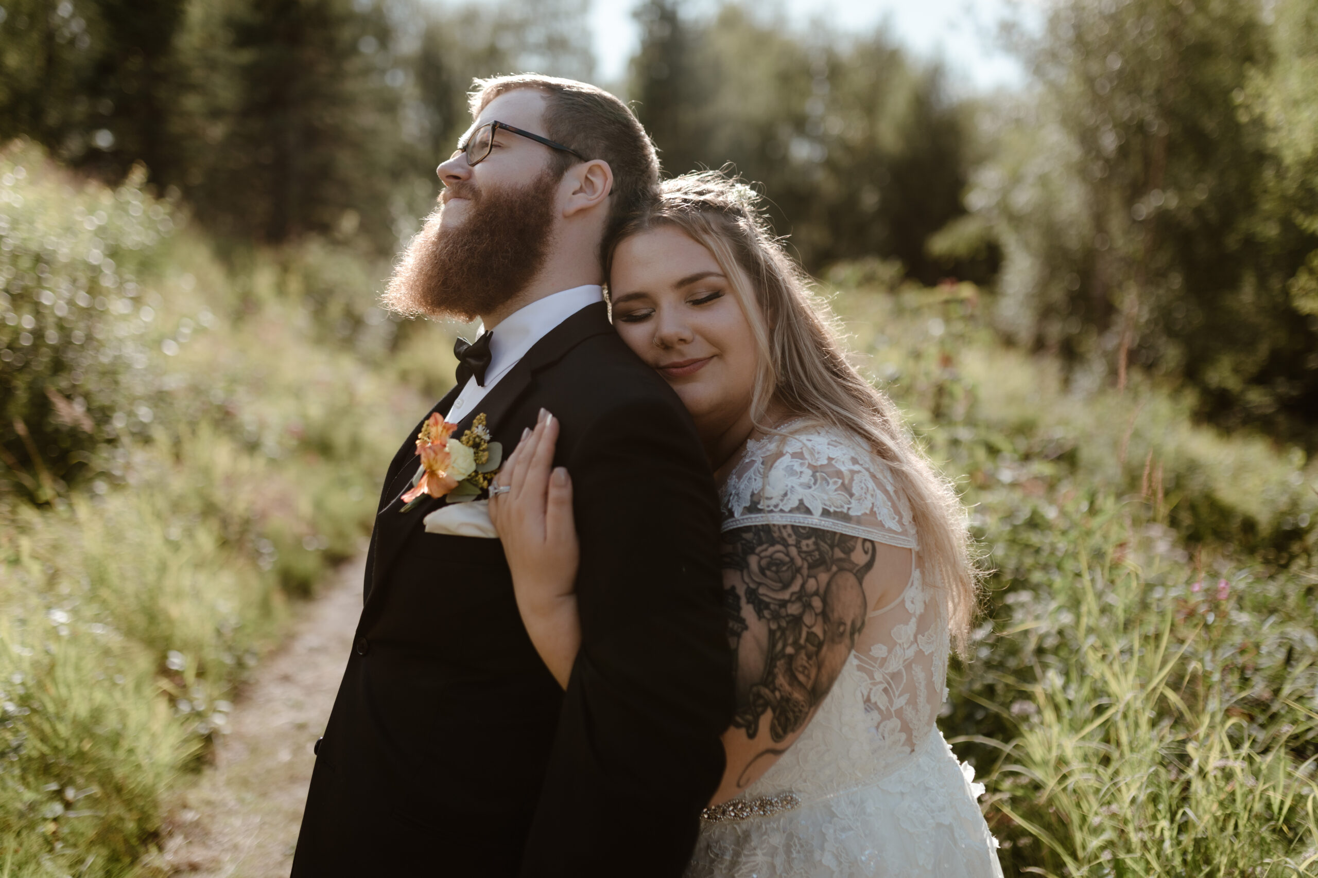 Bride and groom embracing at Alaska Wedding Venue in Alaska